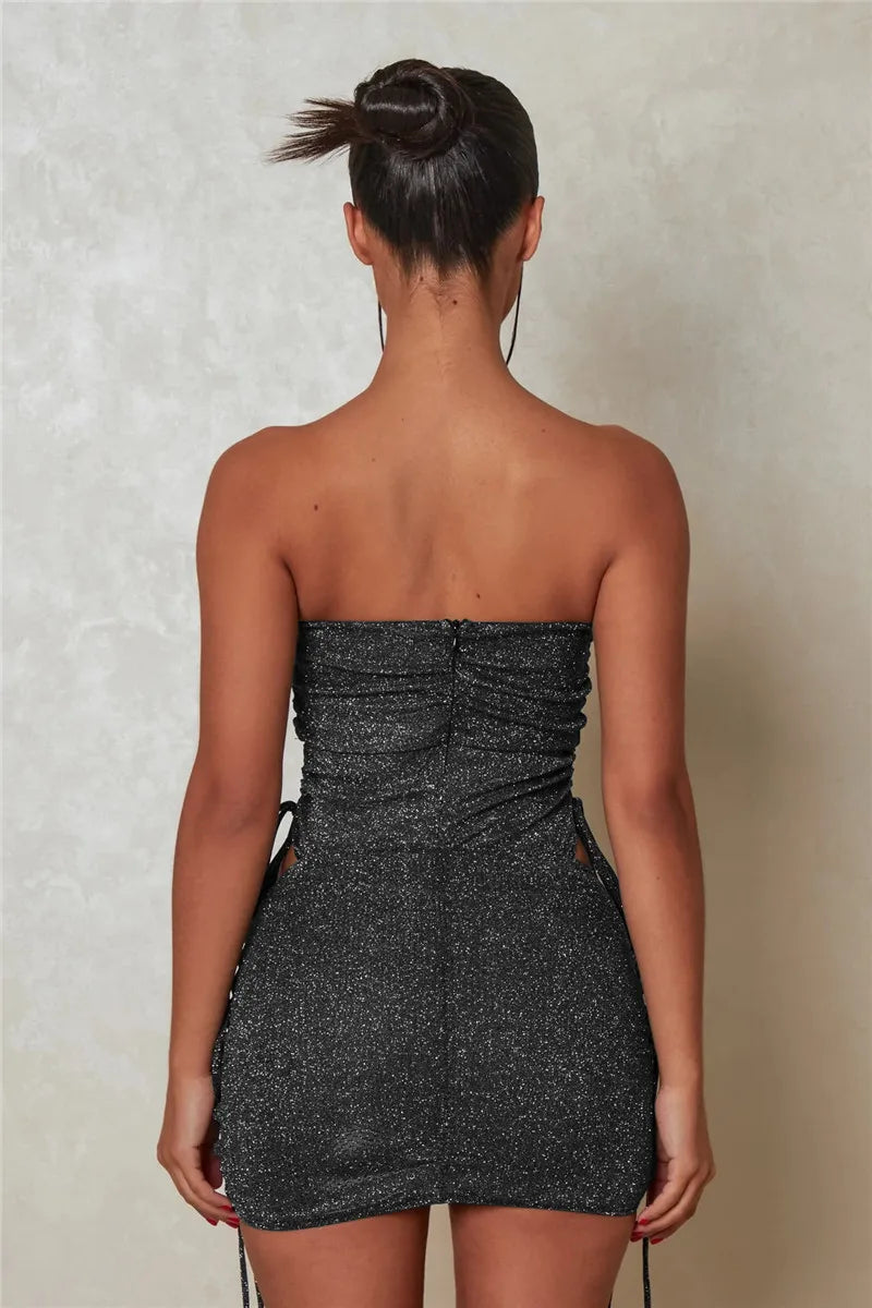 NEW Arrivals 2PCS Set Glitter Sexy Dress Set Black/Silver Color Women Strapless Bodysuit And Mini Skirt Matching Sets Ladies Party Drawstring Evening Party Sexy Night Club Outfit Suit