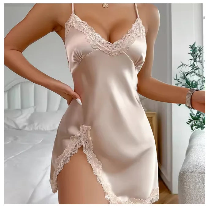 NEW Arrivals S-XL 10 Colors/Patterns Sexy Backless Mini Female Silk Nightgown Lingerie Summer Chemise Sleepwear Suspender Nightdress White Satin Lace Home Wear Loungewear