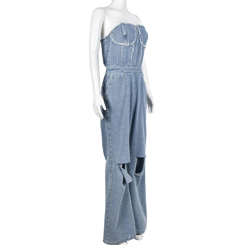 NEW Arrivals UK Size Casual Denim Jumpsuit Summer Women Strapless V-Neck Zip Up Hole Street Trend Wide Leg Pants Club Romper With Pockets