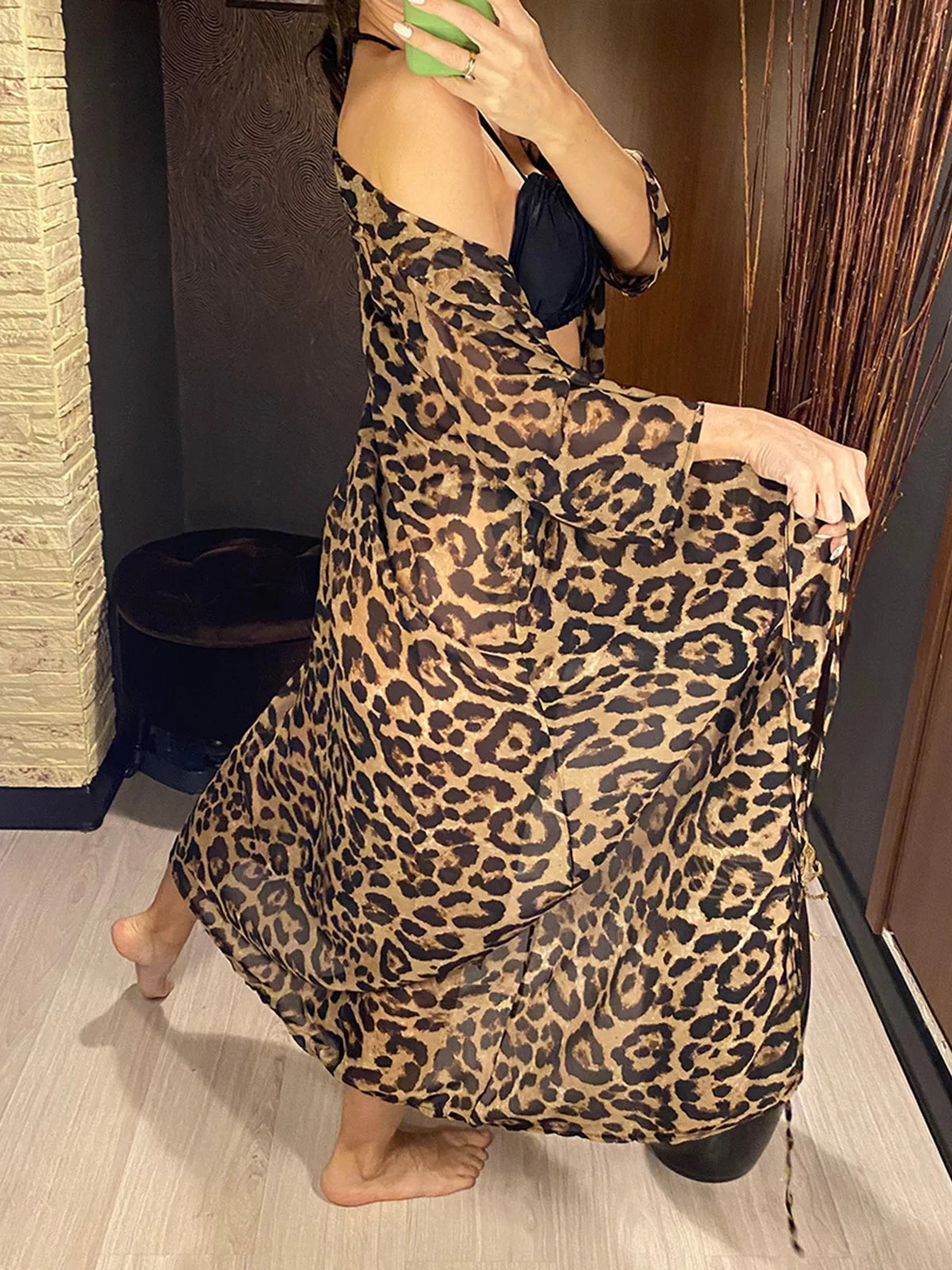 Sexy Leopard Printed Beach Cover Up Chiffon Cover-ups Swimwear Beach Wear Summer Beachwear Female Women Long Dress