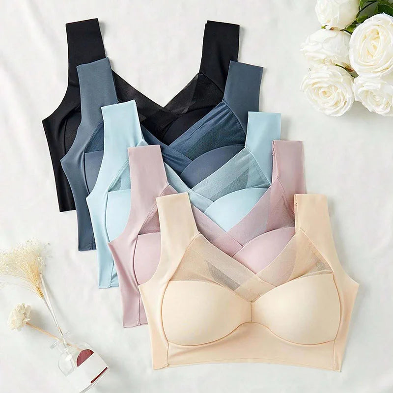 NEW Arrivals 5PCS Set L-3XL Women Sports Bras Full Cup Brassiere Female Sexy V Neck Lace Splicing Bralette Large Wireless Size Soft Sleepwear Lingerie