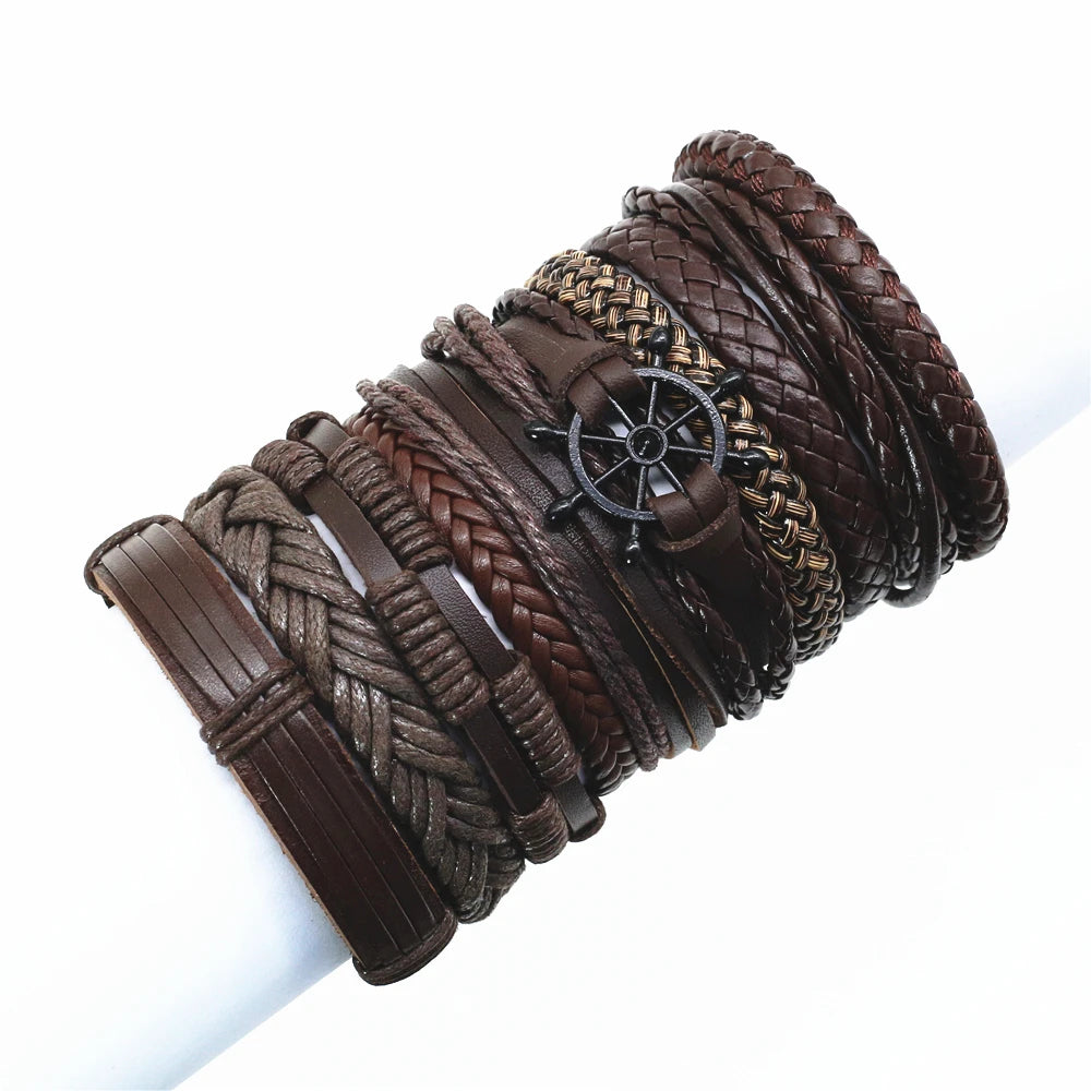 Trendy 10 Pcs/Set Rudder Charm Leather Women Men Bracelets Bangles Wrap Wrist Strap Weave Braided Homme Jewellery