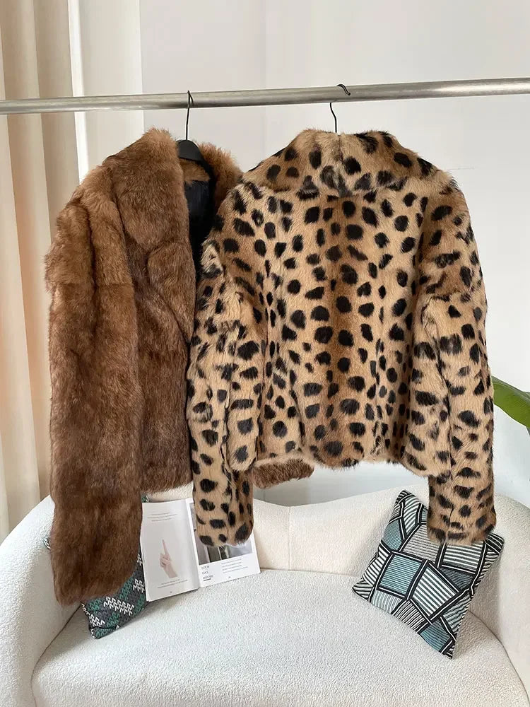 Real Natural Rabbit Fur Coat Leopard Short Jackets New Fashion Turn-Down Collar Outerwear Streetwear Leopard Winter Jacket Women Thick Warm Elegant Coat Female Girls Winter Luxury Fashion Clothing Products