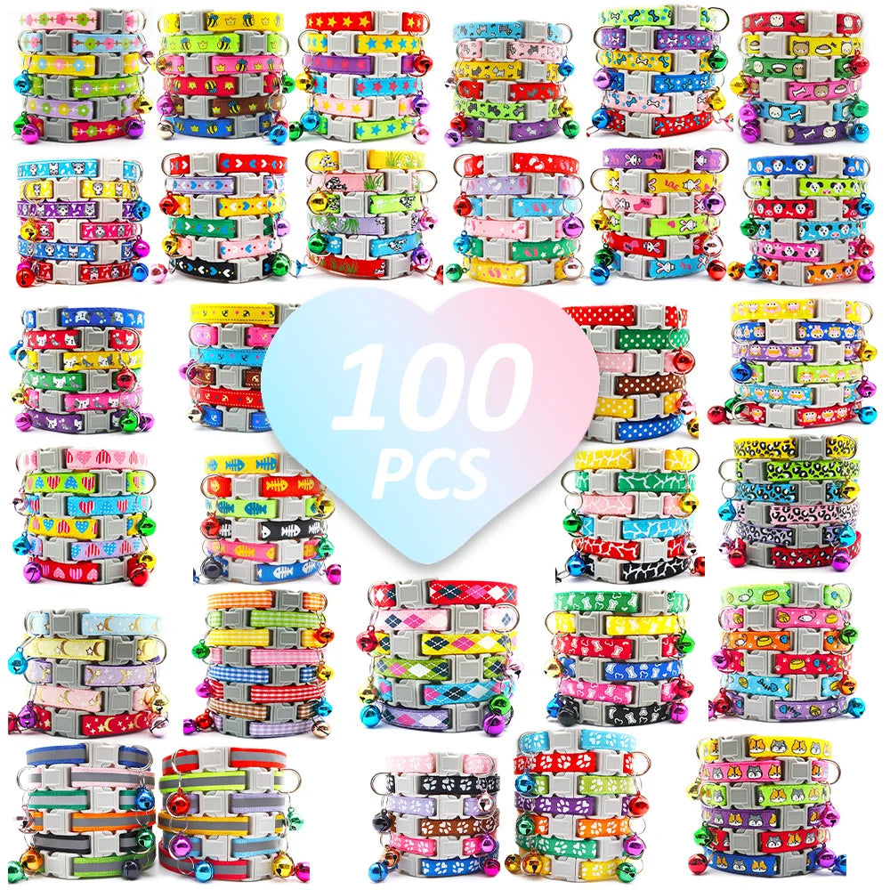 NEW 100PCS Set Dog Collar With Bells Adjustable Customize Necklace Puppy Kitten Collar Accessories Pet Shop Products Rabbit Cats Neck Strap Collar Pets Safety Supplies