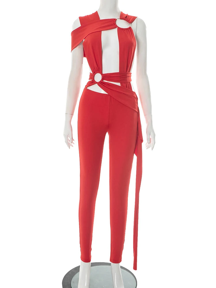 NEW Arrivals White/Black/Red Color Sexy Hot Hollow Bandage Jumpsuit Women Sexy Summer Sleeveless Backless Irregular Ribbon Midnight Clubwear Workout Overalls