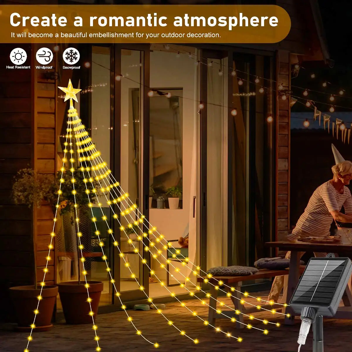 NEW Solar Christmas Decoration Star String Lights 3M 8 Modes Waterfall Christmas Tree Fairy Lights for Outdoor Wedding Holiday