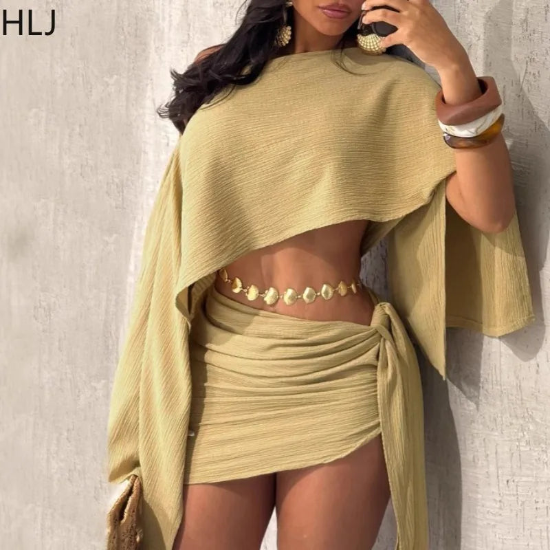 NEW 2PCS Set S-2XL 4 Colors Elegant Off Shoulder Sexy Outfits Woman Summer One Shoulder Flared Sleeve Loose Crop Top and Skirt Suit Streetwear Summer Beach Bar Nightclub Suit