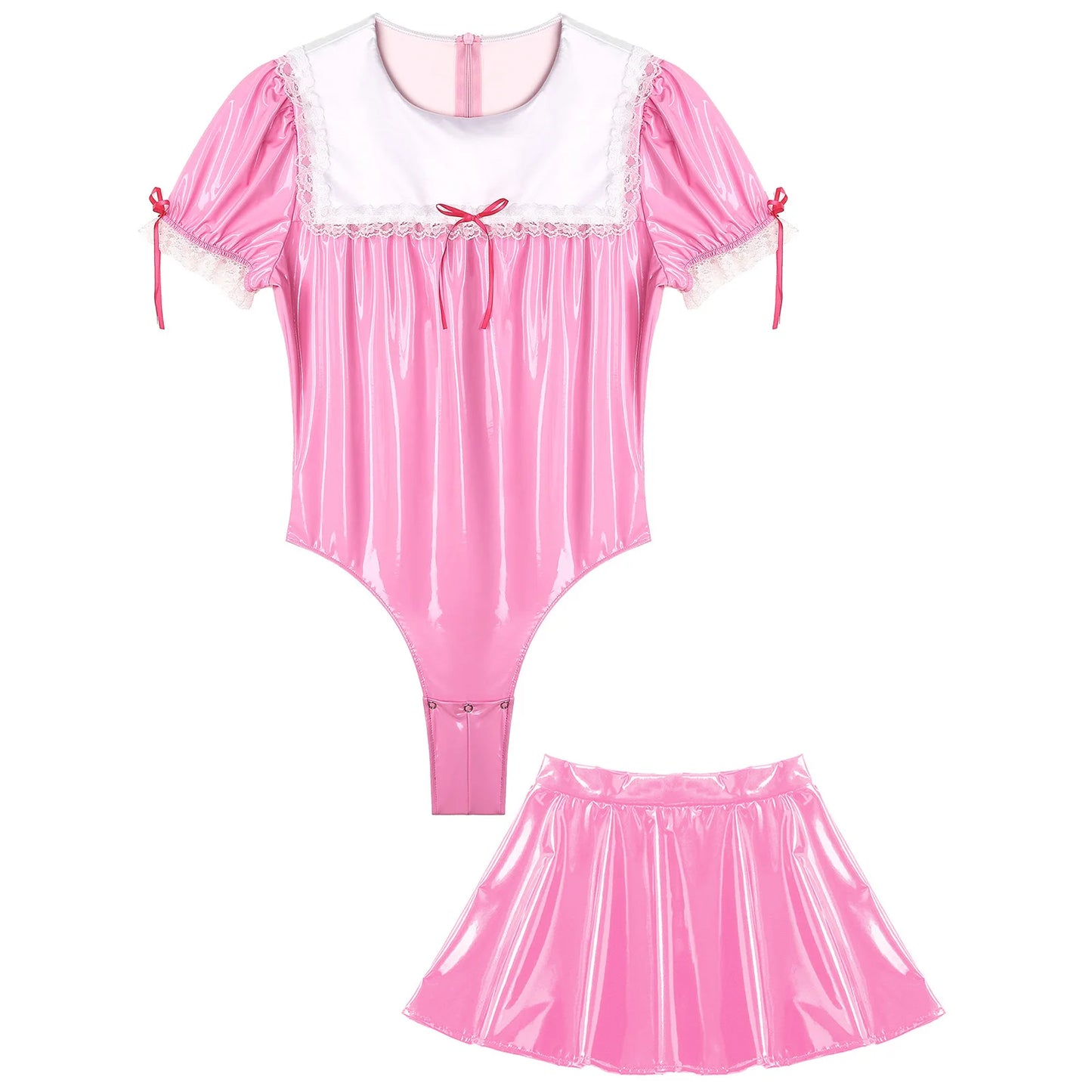 Men's Sissy Exotic Sets Wet Look PVC Leather French Maid Cosplay Costume Lace Trimed Leotard Bodysuit with A-line Skirt Roleplay