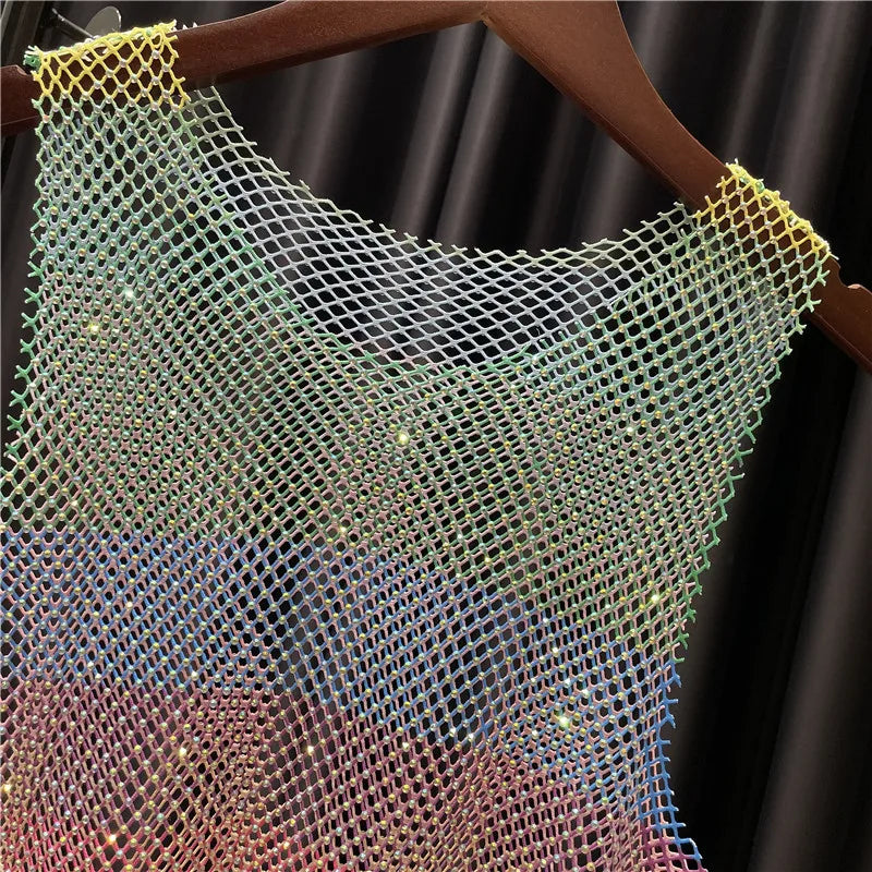 Women&Men Neon Crystal Colorful Rhinestones Shiny Sexy Y2K RainbowTank Tops Party Club Sexy See Mesh Hollow Out 65cm long