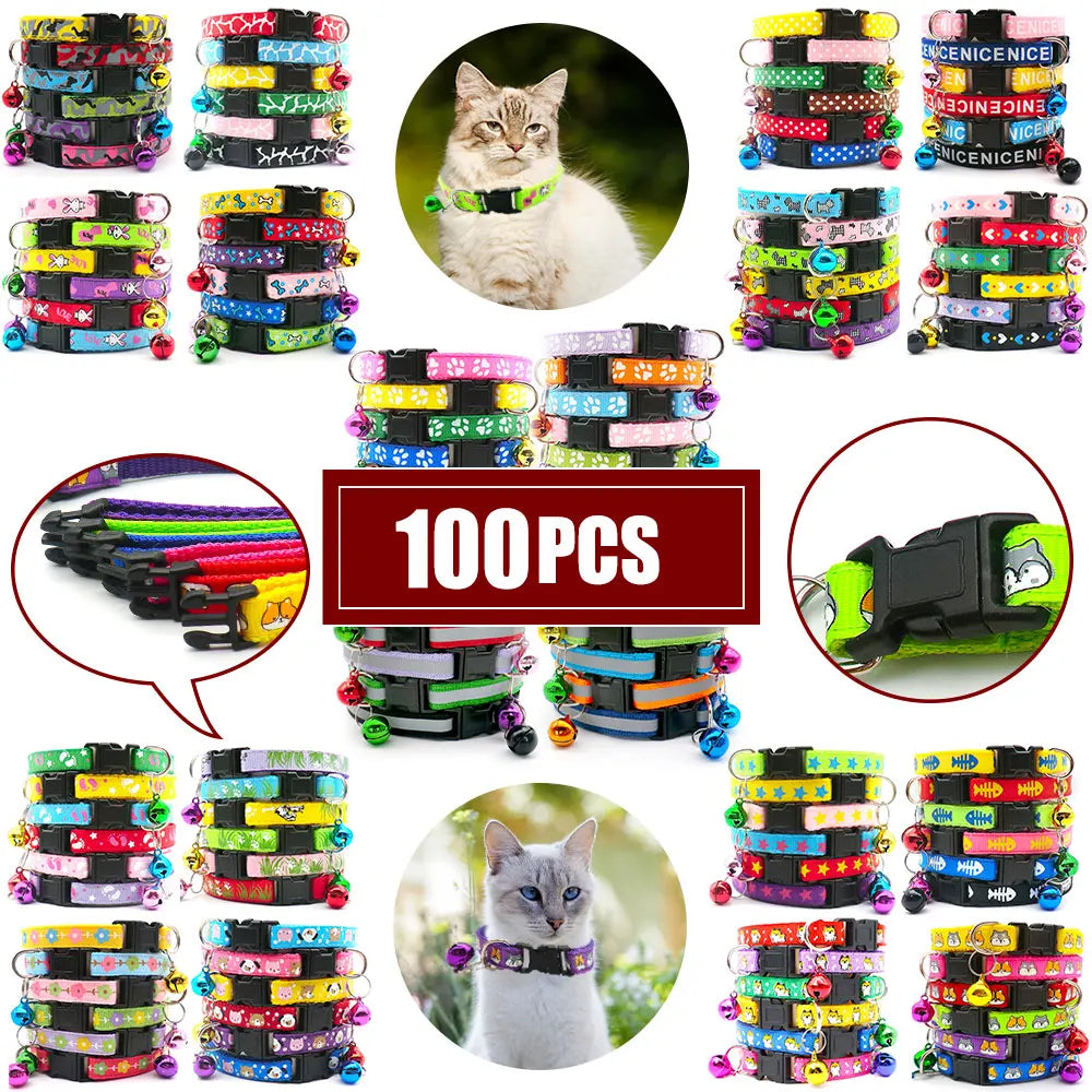 NEW 100PCS Set Dog Collar With Bells Adjustable Customize Necklace Puppy Kitten Collar Accessories Pet Shop Products Rabbit Cats Neck Strap Collar Pets Safety Supplies
