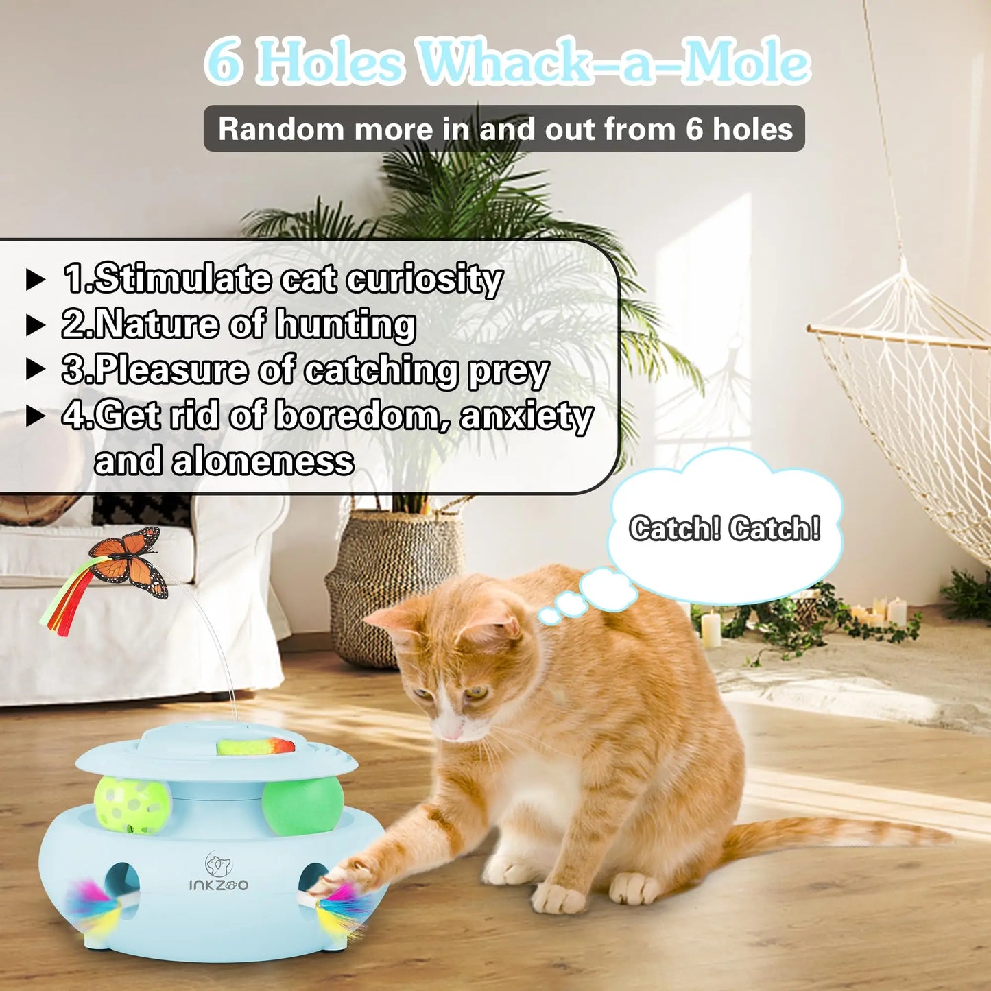 NEW Arrivals 4-in-1 Set Interactive Cat Toys for Indoor Cats, Automatic 6 Holes Mice Whack-A-Mole, Fluttering Butterfly, Track Balls, USB Rechargeable Pets Interactive Toys Accessories Training Games Supplies