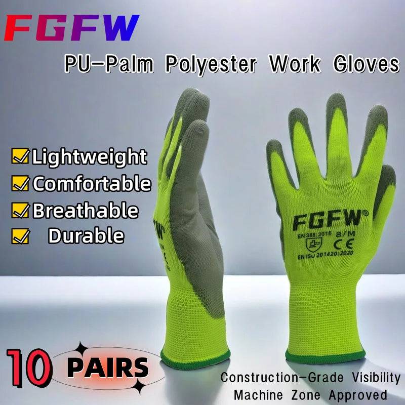 NEW 10 Pairs PU Leather Coated Work Gloves - Lightweight, Durable Safety Gloves EN 388/ISO20471 Certified, Sizes S/M/L/XL