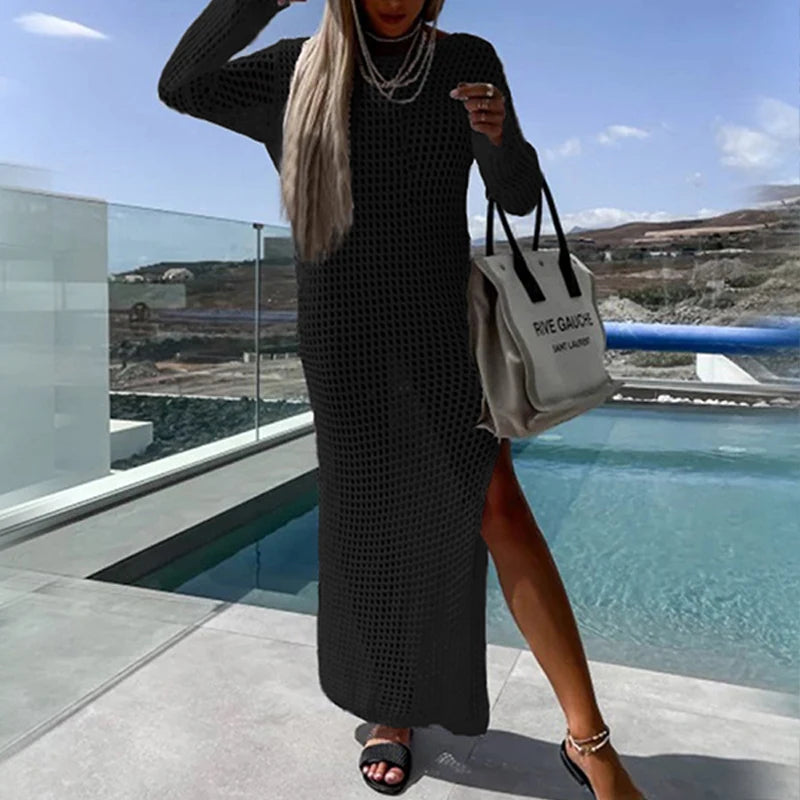 NEW 5 Colors Beach Rave Party Sexy Perspective Handmade Knit Round Collar Long-Sleeve Lacing Solid Bikini Swimsuit Cover Up Long Split Dress See Through Bikini Swimwear Sexy Cover Up Dress