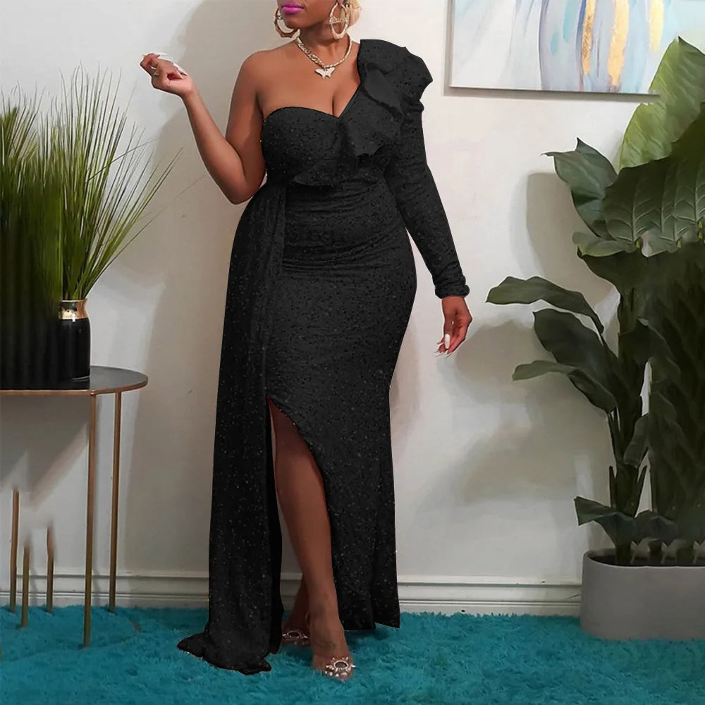 NEW Arrivals S-4XL Plus Size 7 Colors Women One Shoulder Sequin Slim High Waist Dress Autumn Winter Spring Evening Party Dress Women Sexy Ruffle Elegant Party Formal Dress