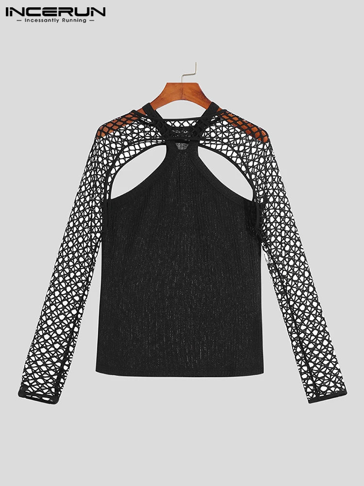 Fashion Casual Men Vest Camiseta Suit 2 Pieces Sexy Leisure Male Short Vests Hollow Breathable Mesh T-shirts S-5XL INCERUN 2023