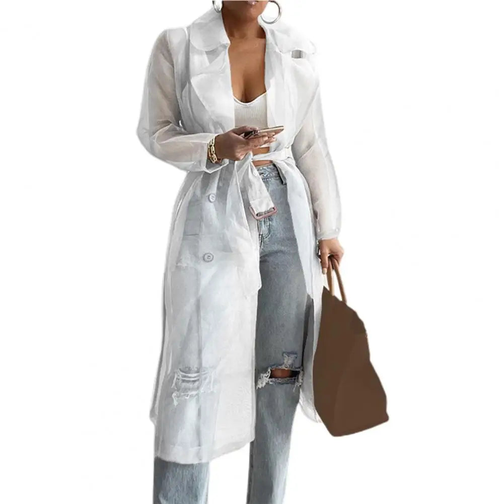 NEW Arrivals Black/White/Coffee Spring Italian Fashion Women Mesh Jacket Puff Sleeve Sunscreen Shirt Net Yarn See Through Spring Summer Lace-Up Long Shirt Thin Coat