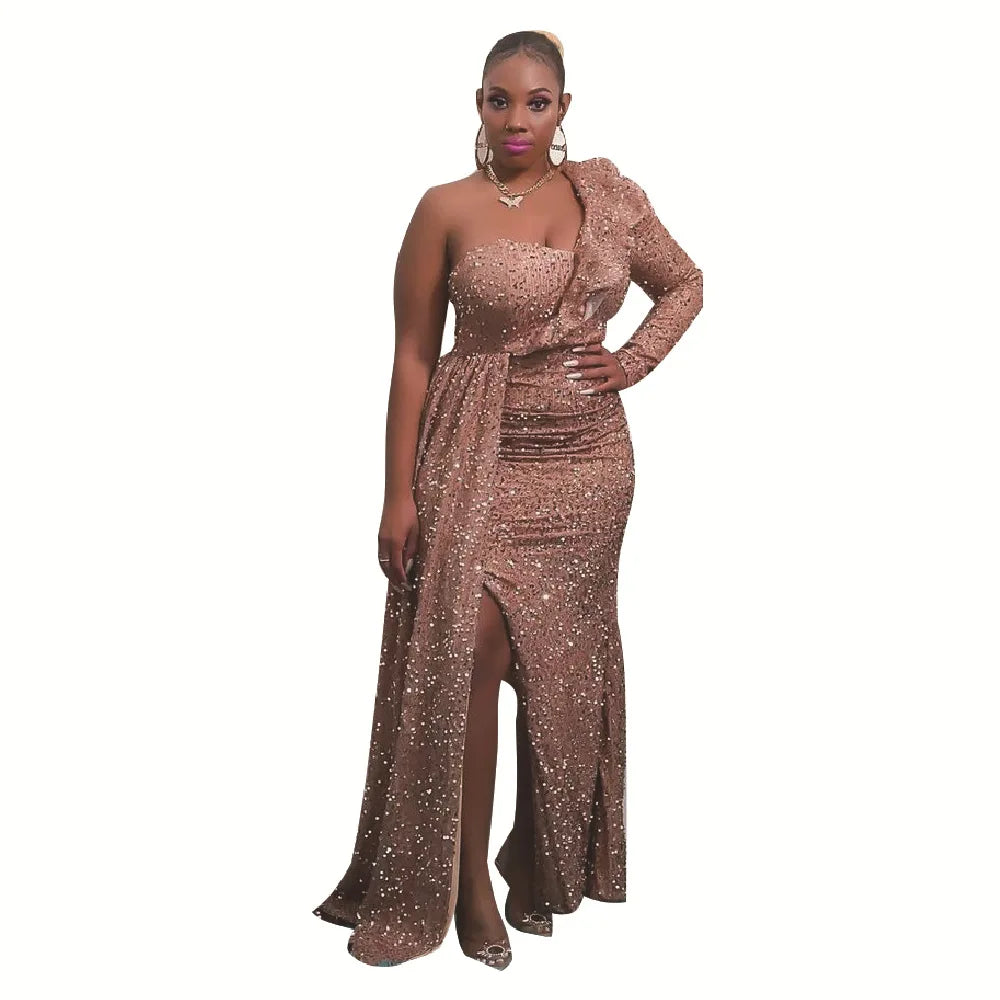 NEW Arrivals S-4XL Plus Size 7 Colors Women One Shoulder Sequin Slim High Waist Dress Autumn Winter Spring Evening Party Dress Women Sexy Ruffle Elegant Party Formal Dress