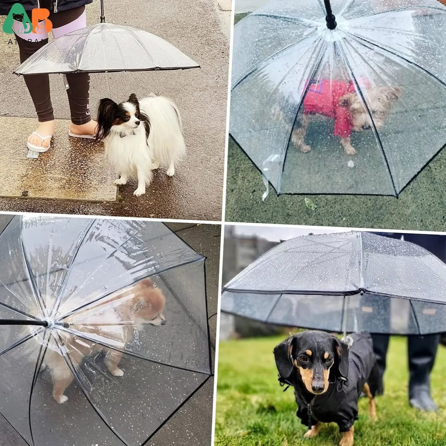 NEW Arrivals Dog Umbrella with Leash for Small Large Pets, Outdoor Walking Hiking Umbrella for Dogs Fits 20” Back Length Pets, J-Shape Handle, Clear Umbrella Surface Pets Accessories