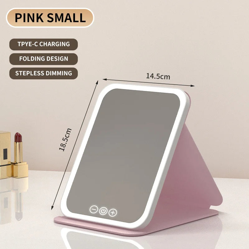 NEW Arrivals LED Dimmable Makeup Mirror 3 Colors Light Modes Adjust Brightness USB Charing Fold Mirror Tabletop Vanity Mirror for Travel Home Cosmetic Accessories