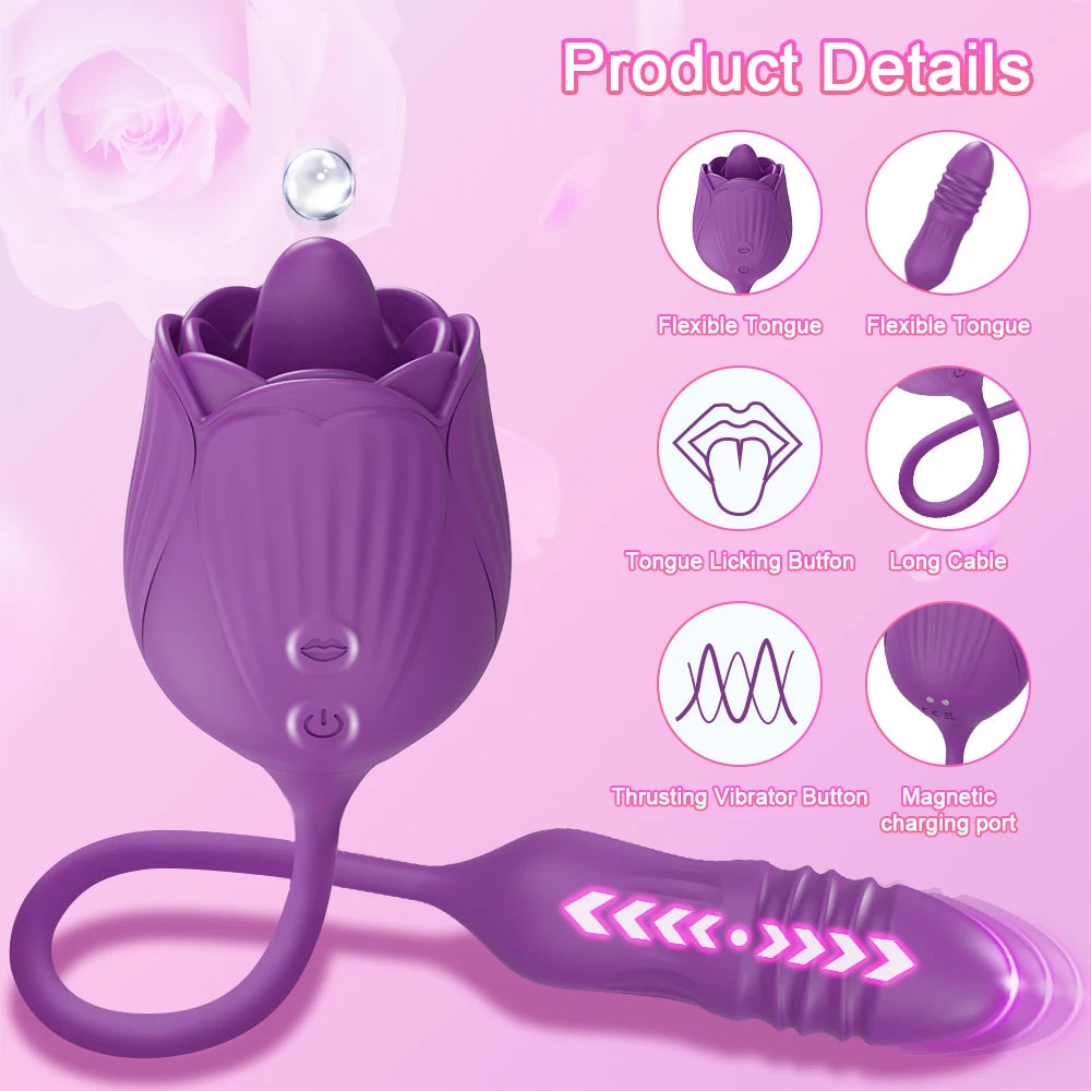Rose Vibrator for Woman Tongue Licking Clitoral Stimulator Thrusting G Spot Dildo Clit Nipple Licker for Women Goods Sexy Toys