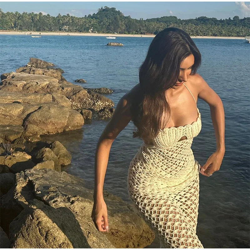 NEW Arrivals UK Size Sexy Crochet Hallow Out Long Dress Women Holiday Halter Lace Up Solid Slim Dresses Summer Evening Beach Party Night Club High Waist Bodycon Beach Maxi Gown