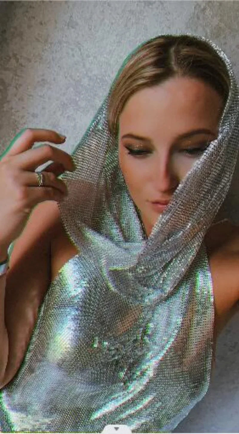 Fashion Metal Sequined Y2k Women Crop Top Tank Tops with Headscarf Metallic Sequins Sexy Backless Hollow Out Halter Corset top