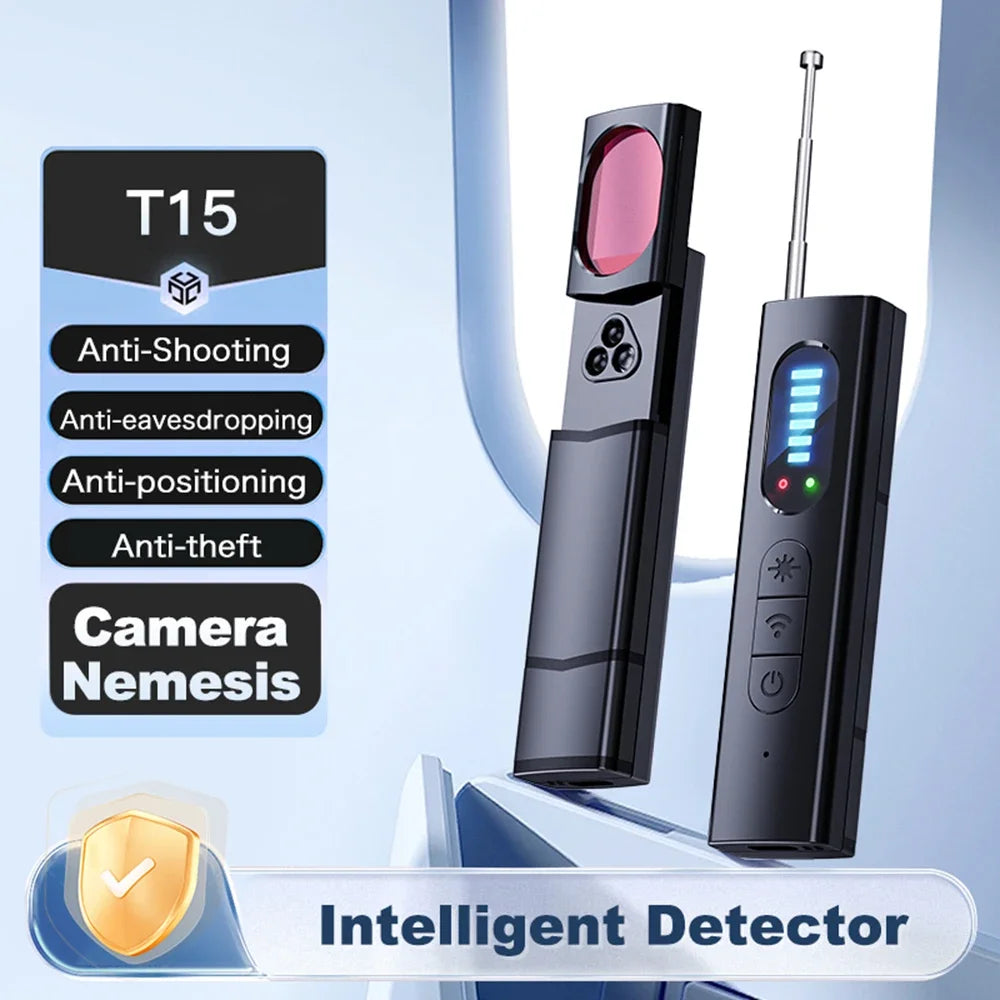 NEW T15 Wireless Camera Detector Protective Alarm Security Sensor Bug Finder GPS Locator Detection RF Signal Lens Tracker Detect Scanner for Security Privacy Protection Spy Systems