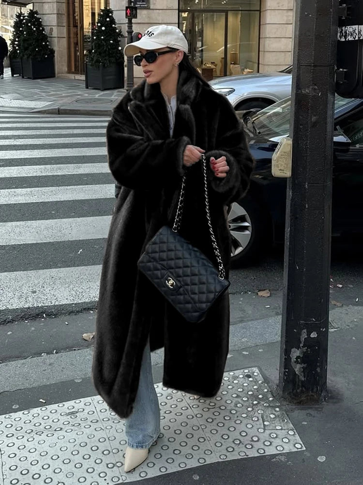 NEW Arrivals S(8)-XL(16-18) UK Size Winter Loose Luxury Mink Velvet Imitation Fur Splicing Long Coat Fur Suit Collar Women's Coat High Street Fashion Lady Overcoat