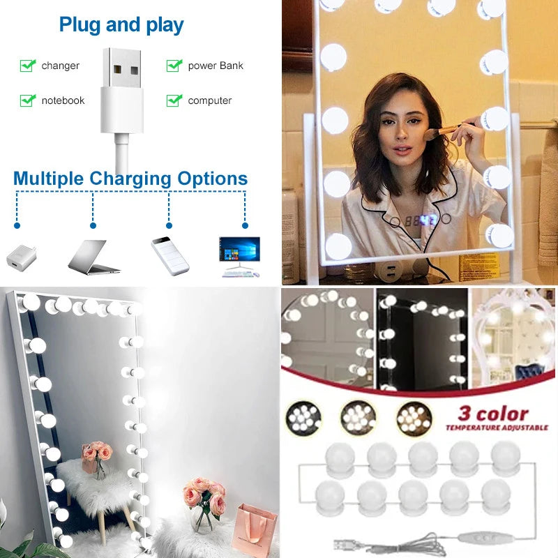 LED Makeup Mirror Light Bulbs USB Charging Vanity Makeup Mirror Lights Bathroom Dressing Table Lighting Dimmable LED Wall Lamp