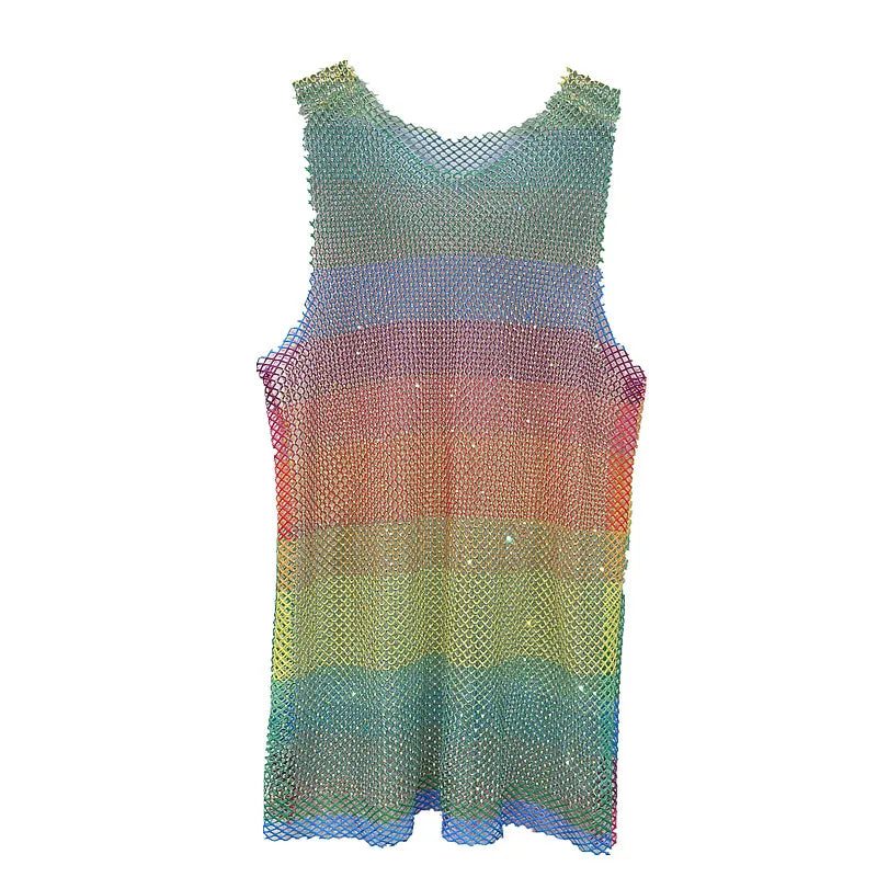 Women&Men Neon Crystal Colorful Rhinestones Shiny Sexy Y2K RainbowTank Tops Party Club Sexy See Mesh Hollow Out 65cm long