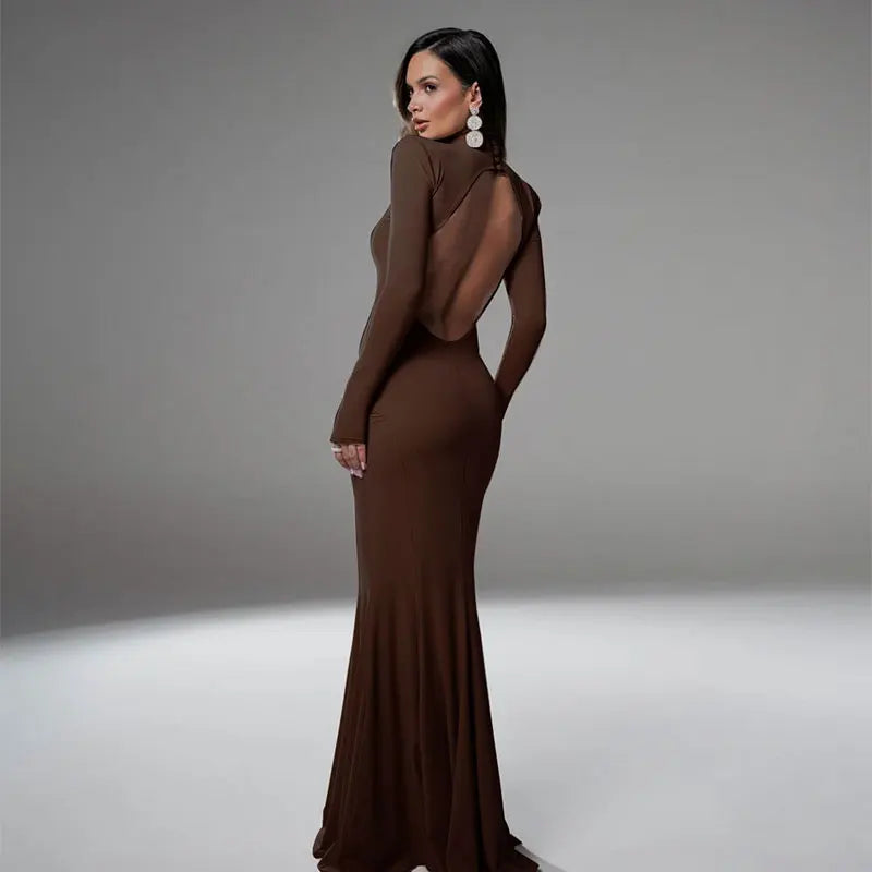 NEW Arrivals Brown/Khaki Color Long Sleeves Women's Evening Dress Elegant Party Spring Autumn Winter Sexy Backless Dress Streetwear Fashion Casual Slim Turtleneck Brown Dress