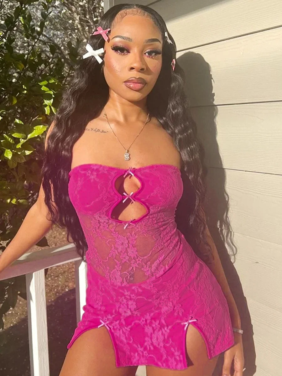 NEW Arrivals UK Size Pink/Silver Y2K Sexy Mini Dress Women Summer Evening Beach Party Hottie Hollow Out Strapless Solid Color Pullover Dresses Streetwear Girls Night Club Sexy Outfits