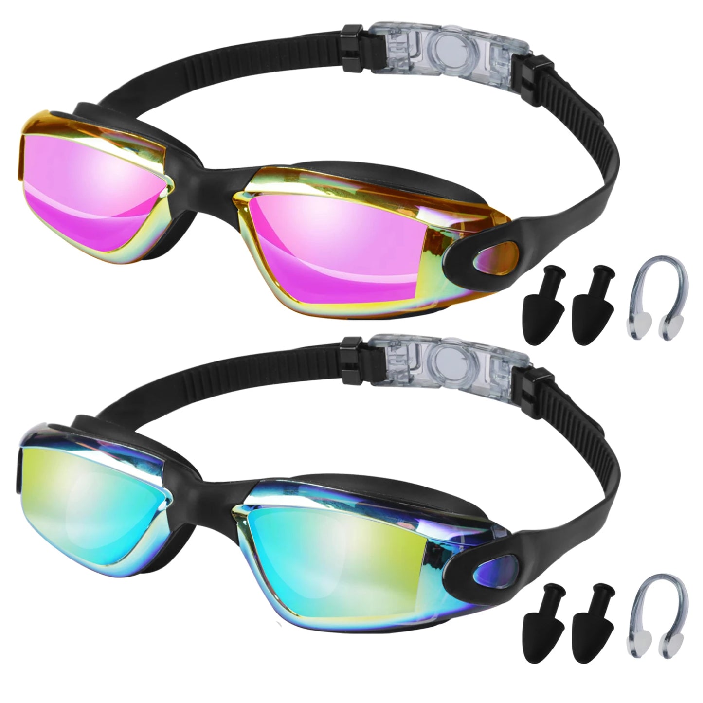 2PCS Goggles Adults/Children Set + Earplugs No Leaking Anti Fog Professional Swimming Goggles Adjustable with Earplugs Storage Box Swimming Water Pool Glasses for Beach Swim Sports Adults Kids