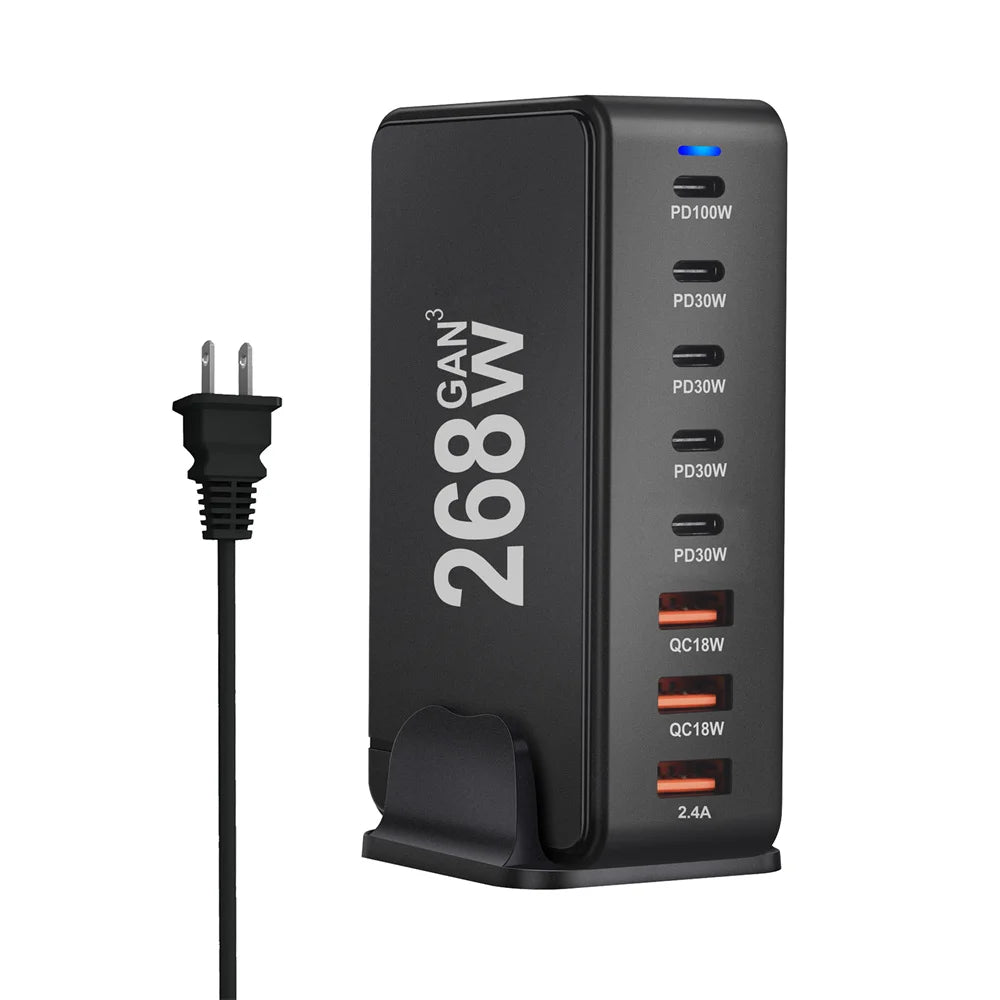 268W Desktop GAN Charger 8-Port USB Type C PD Charger Fast Charge 3.0 USB Type C Fast Charger Mobile USB Charger