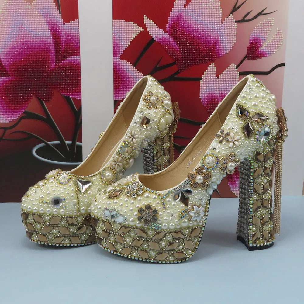 Italian Fashion Champagne Gold Wedding Shoes and Bag Set Woman 14cm High Pumps Thick Heel Evening Party Night Business Shoes Matching Bag Round Toe Pumps Ladies Luxury Fashion Apparel Accessories Clothing Supplies