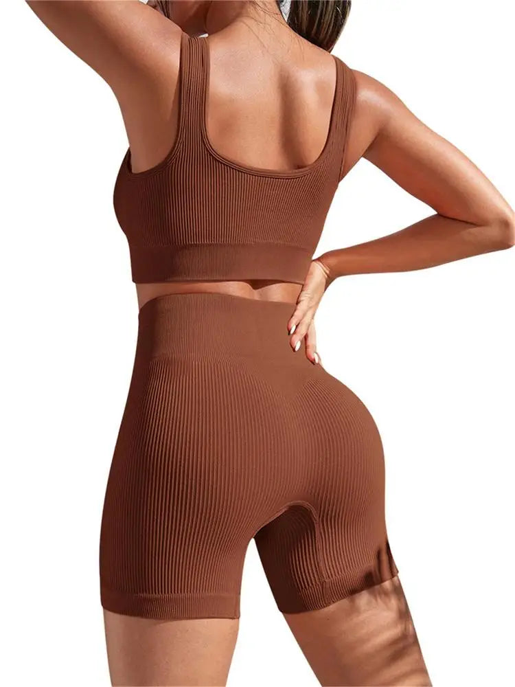 NEW Arrivals 2PCS Set 8 Colors Seamless Ribbed Yoga Sets Workout Sets for Women Gym Suits Ribbed Crop Tank High Waist Shorts Outfits Fitness Running Yoga Suit