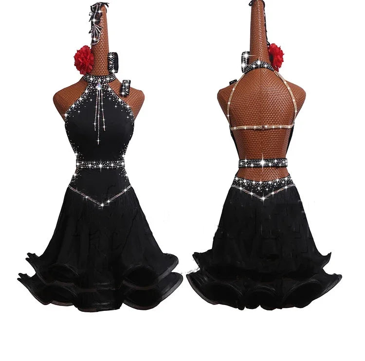 Adults/Children XXXS-2XL 5PCS Set Latin Dance Competition Dress New Performance Dress High-grade Black Sexy Fishbone Curling Skirt-Dresses