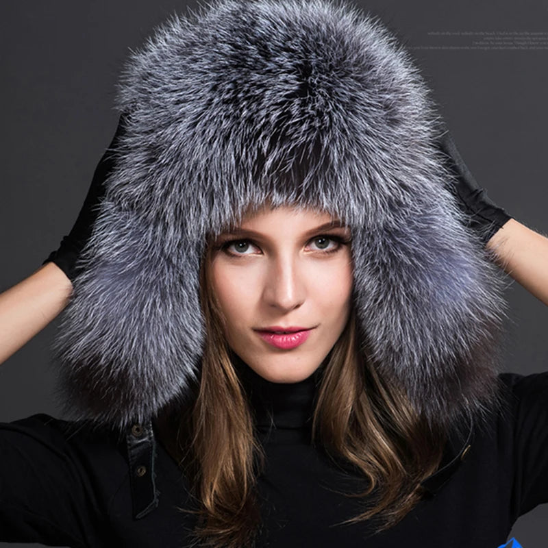 NEW Siberian-Russian Women Ladies Real Natural Raccoon Fur Caps Head Covers Ushanka Hats for Winter Thick Warm Ears Fashion Bomber Pom Pom Hat Lady Real Fox Fur Cap Female Girls Luxury Fashion Clothing Products
