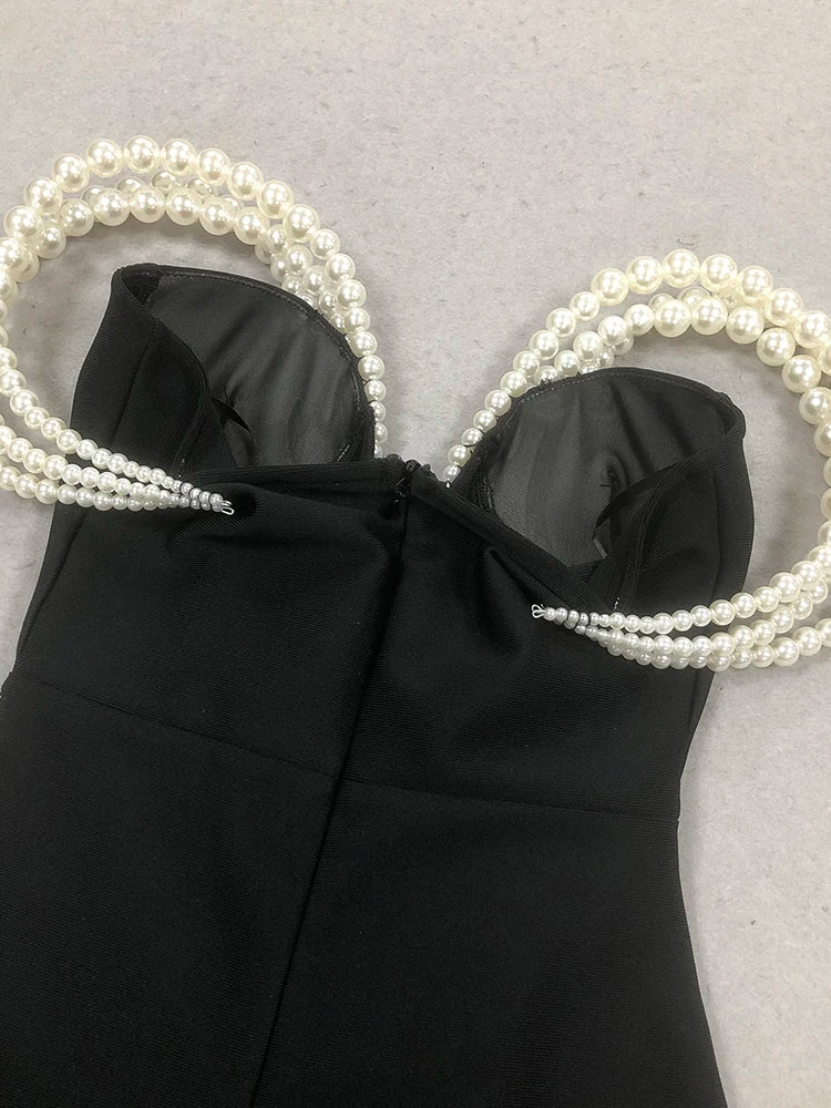 NEW Sexy Big Pearl Beading Off Shoulder Bandage Dress Women Sleeveless Backless Folds Split Slim Long Dresses Evening Party Formal Red Carpet Celebrity Ladies Luxury Fashion Clothing Supplies