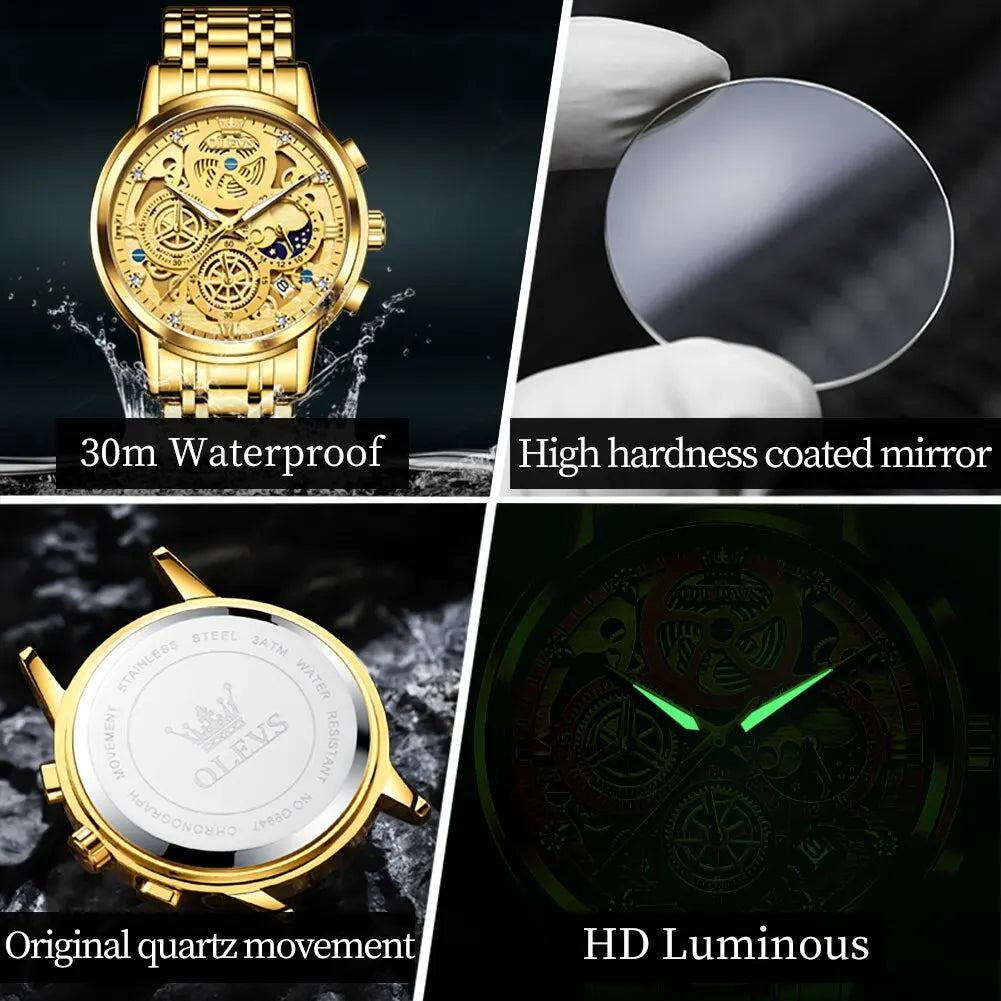 NEW 100% Original OLEVS Luxury Men's Watches Top Brand Luxury Original Waterproof Quartz Watch for Man Gold Skeleton Style 24 Hour Day Night Wristwatch Perfect Gift for Husband Boyfriend