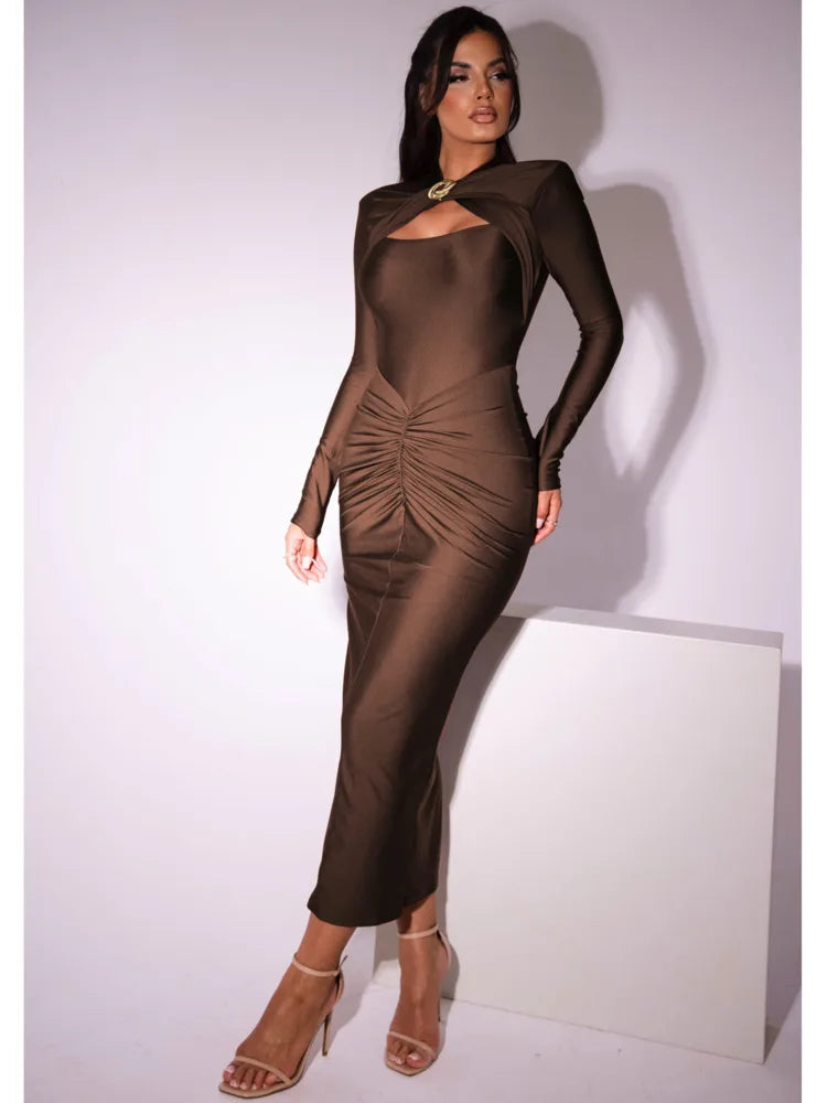 NEW Arrivals Big Save Elegant Long Sleeved Elastic Tight Long Dress Women Bodycon Pleated Party Club Evening Dress Hollowed Out Slim Female Ladies Luxury Fashion Clothing Products