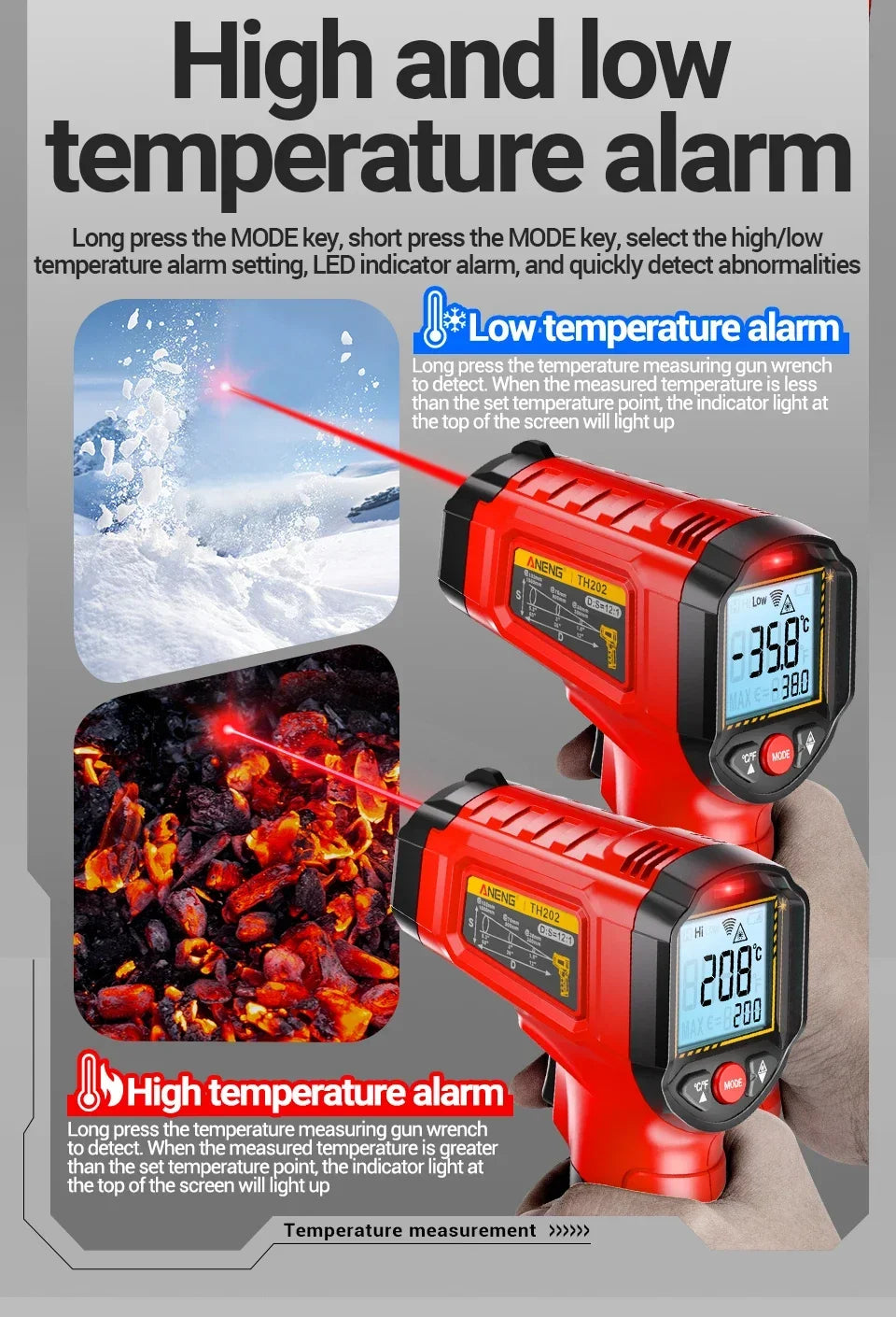 NEW TH202 Infrared Black/Red Color Thermometer Non-Contact -50~600℃ Digital Laser Temperature Meter LCD display Pyrometer Point Gun Tester