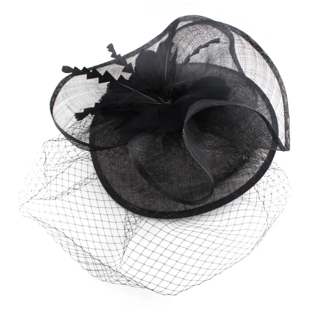 NEW Luxury Women Female Black Fascinator Hat with Veil Funeral, Cocktail Tea Party Sunday Church Feather Headwear Racing Formal Hats Girls Ladies Luxury Fashion Apparel Accessories Clothing Supplies