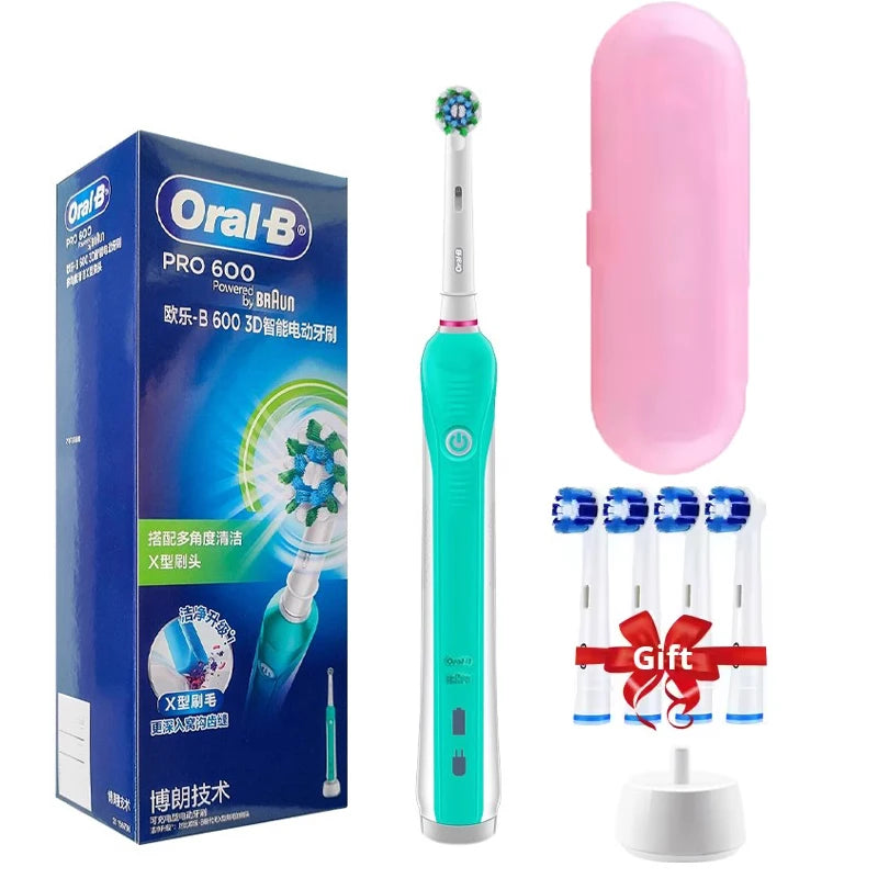 Original Oral B PRO 600 Electric Toothbrush 2-Minute Intelligent Timing + 8 Heads + Box Full Set Daily Clean Teeth Visible Pressure Sensor Waterproof Rechargeable Women Men Oral Hygiene Accessories Personal Care Supplies