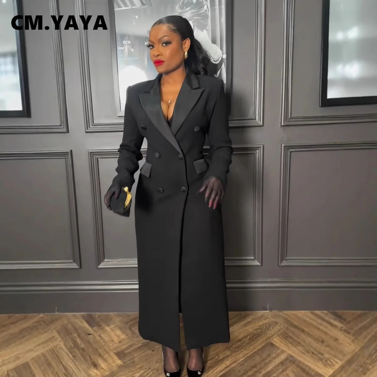 NEW Arrivals UK S-3XL Size Italian Fashion Women Luxury Wedding Guest Celebrities Red Carpet Double Breasted Notched Long Sleeve Maxi Dress Spring Sexy Night Elegant Long Dresses