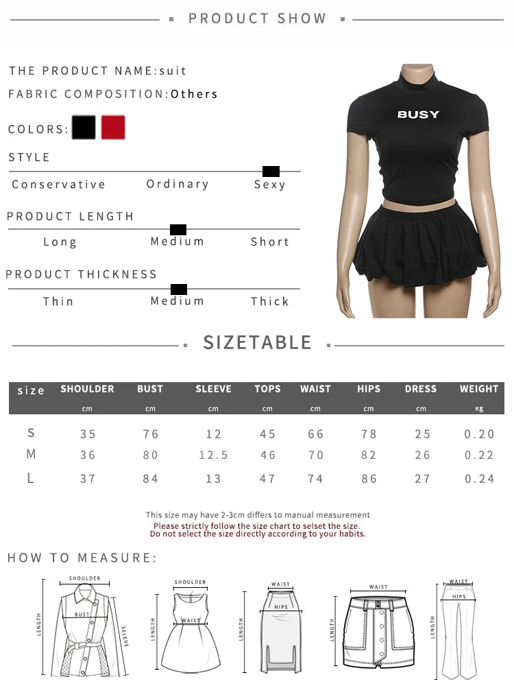 NEW 2PCS Set Black/Red Color Hottie Casual Set Women Mini Skirts Shorts Sleeve Crop Tops +Puffy Skirt Simple Basic Matching Streetwear Outfits