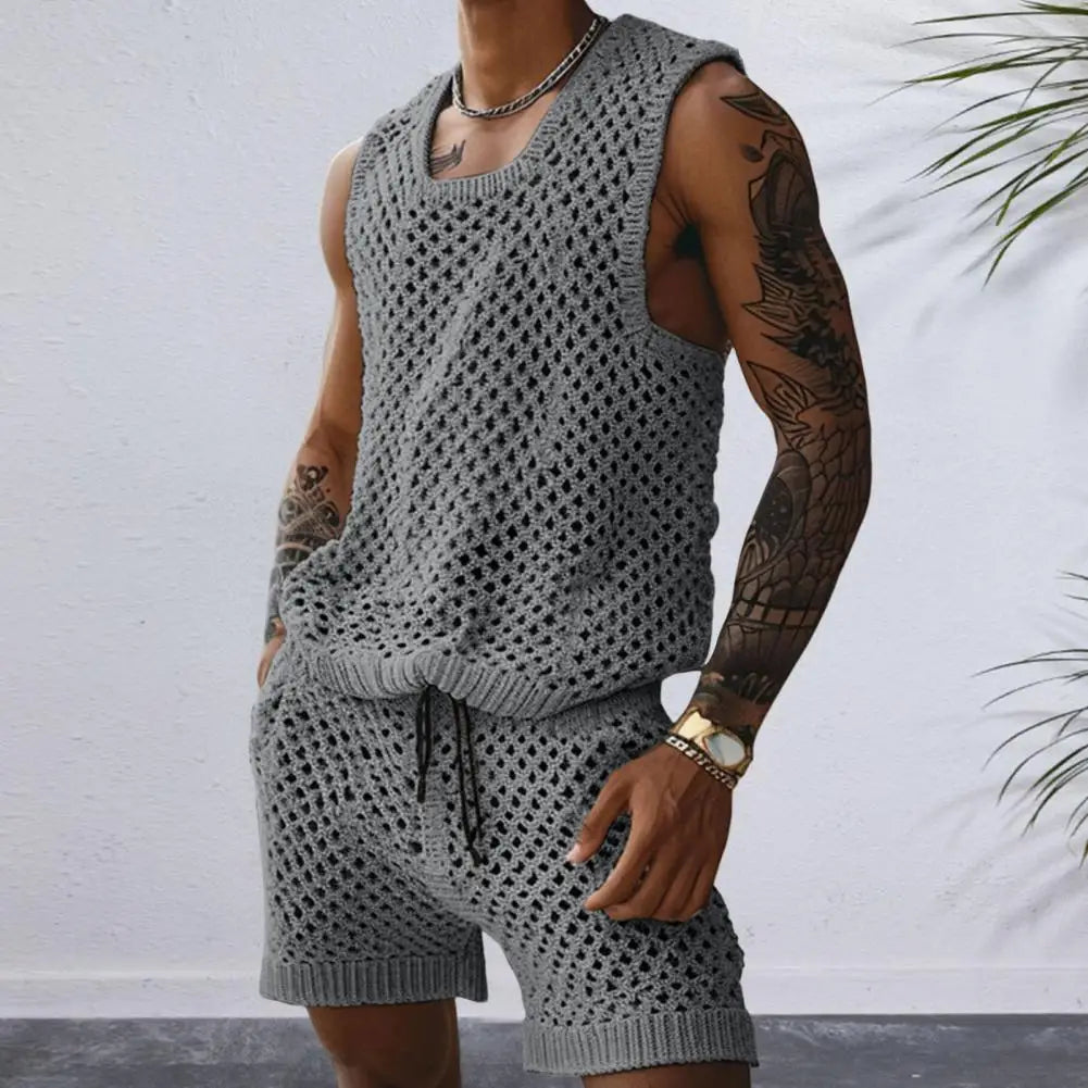 NEW 2PCS Set L(50-70Kg) XL(80-100+Kg) Vest Shorts Set Men's Casual Sleeveless Knit Top Drawstring Shorts Set for Daily Wear Elastic Waist Wide Leg Shorts for Men's