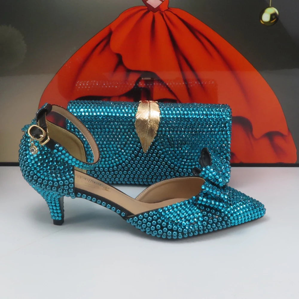 New Arrival Teal Luxury Blue Crystal Women Wedding Shoes Set with Matching Bags Peep Toe High Heels Pumps Open Toe Shoes and Purse Evening Party Night Business Dinner Apparel Accessories Ladies Luxury Fashion Clothing Suppl