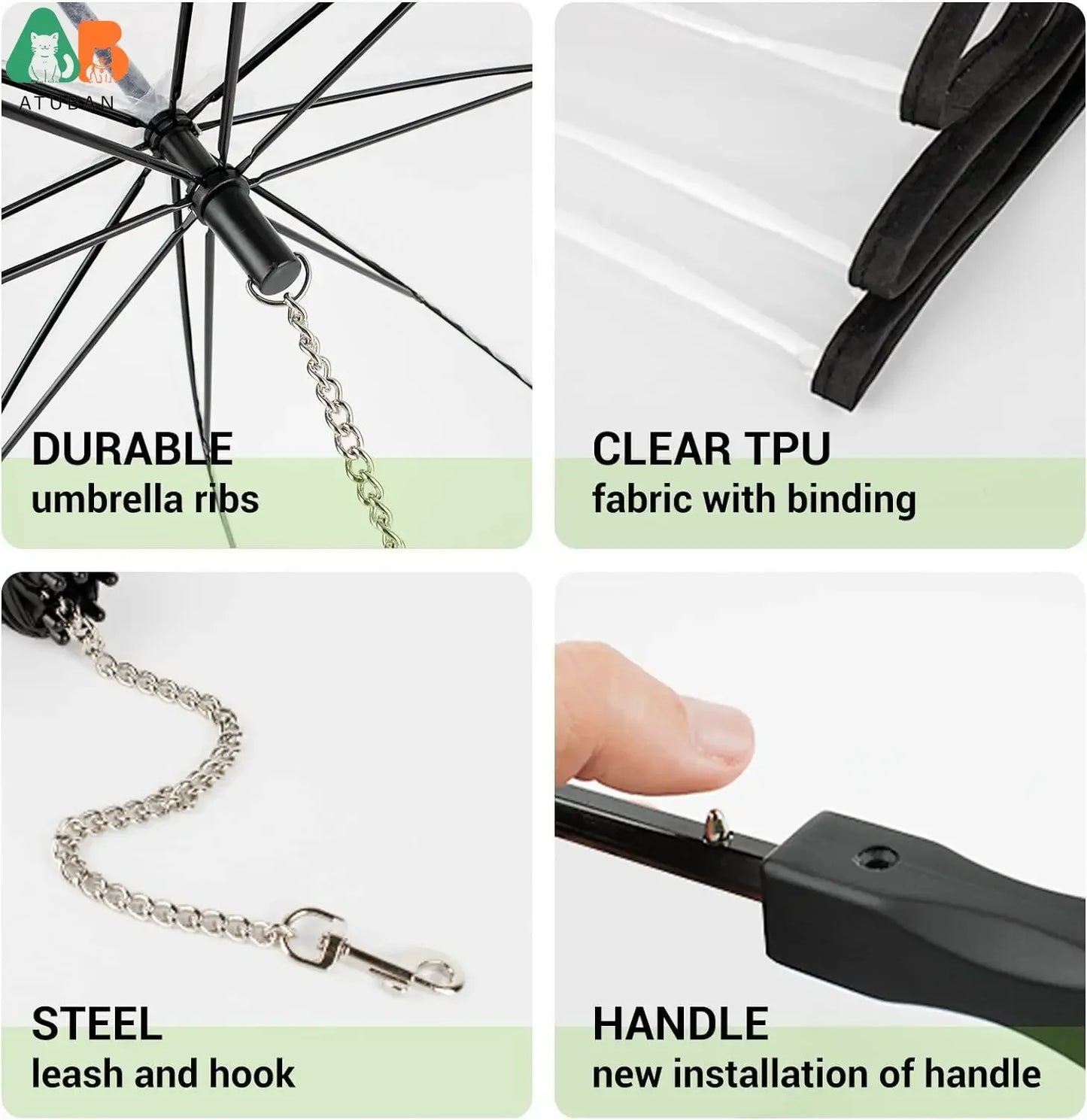 NEW Arrivals Dog Umbrella with Leash for Small Large Pets, Outdoor Walking Hiking Umbrella for Dogs Fits 20” Back Length Pets, J-Shape Handle, Clear Umbrella Surface Pets Accessories