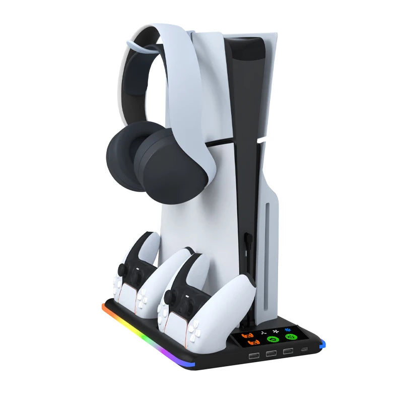 NEW Arrivals for PS5/PS5 Slim Stand with Headphone Hook Cooling Stand with Controller Charging Dock Station With 3 Levels Cooling Fan Computer Video Games Accessories Electronic Supplies